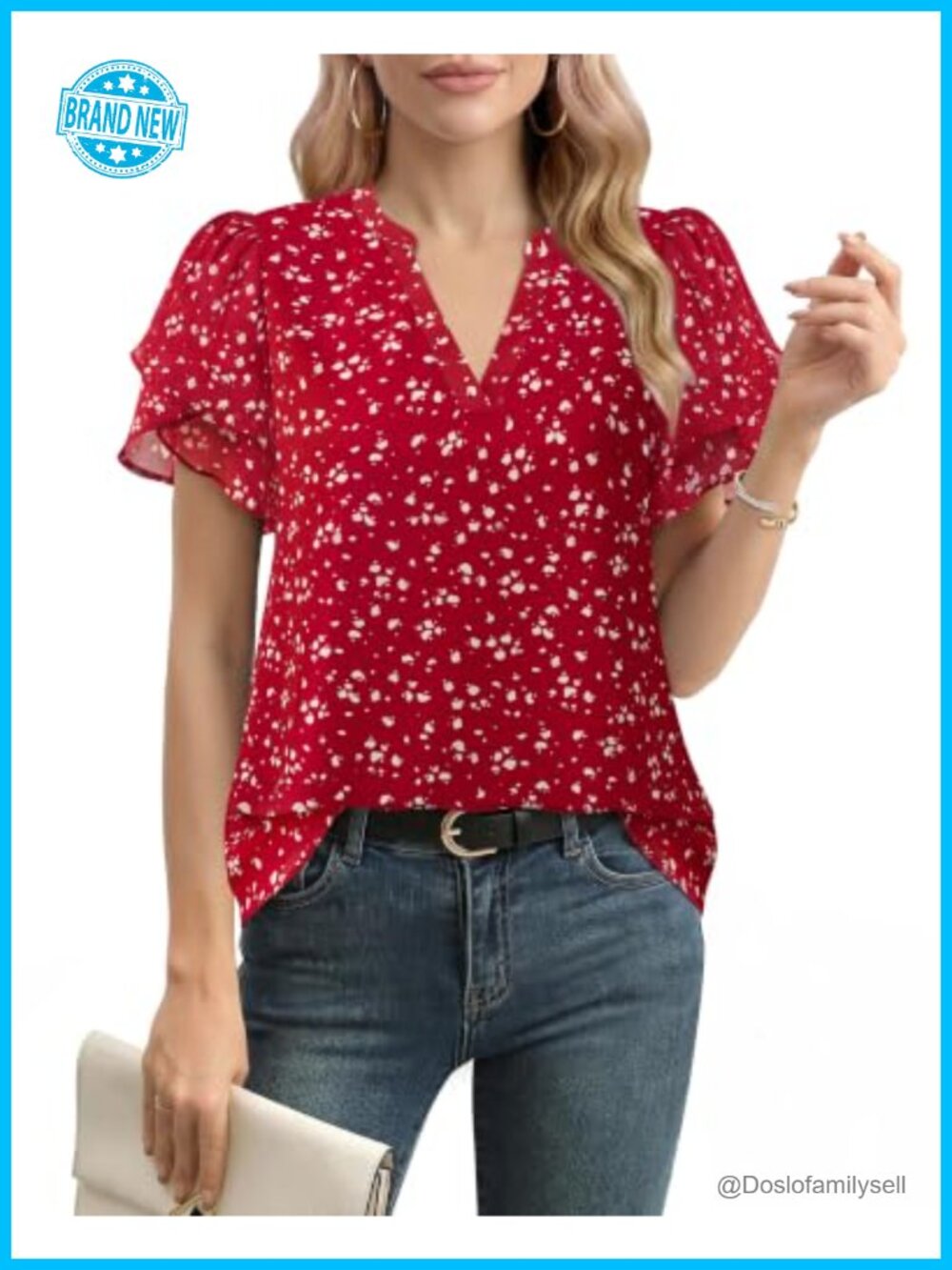 Women's Chiffon Blouse Petal Puff Sleeve V-Neck Casual Work Top